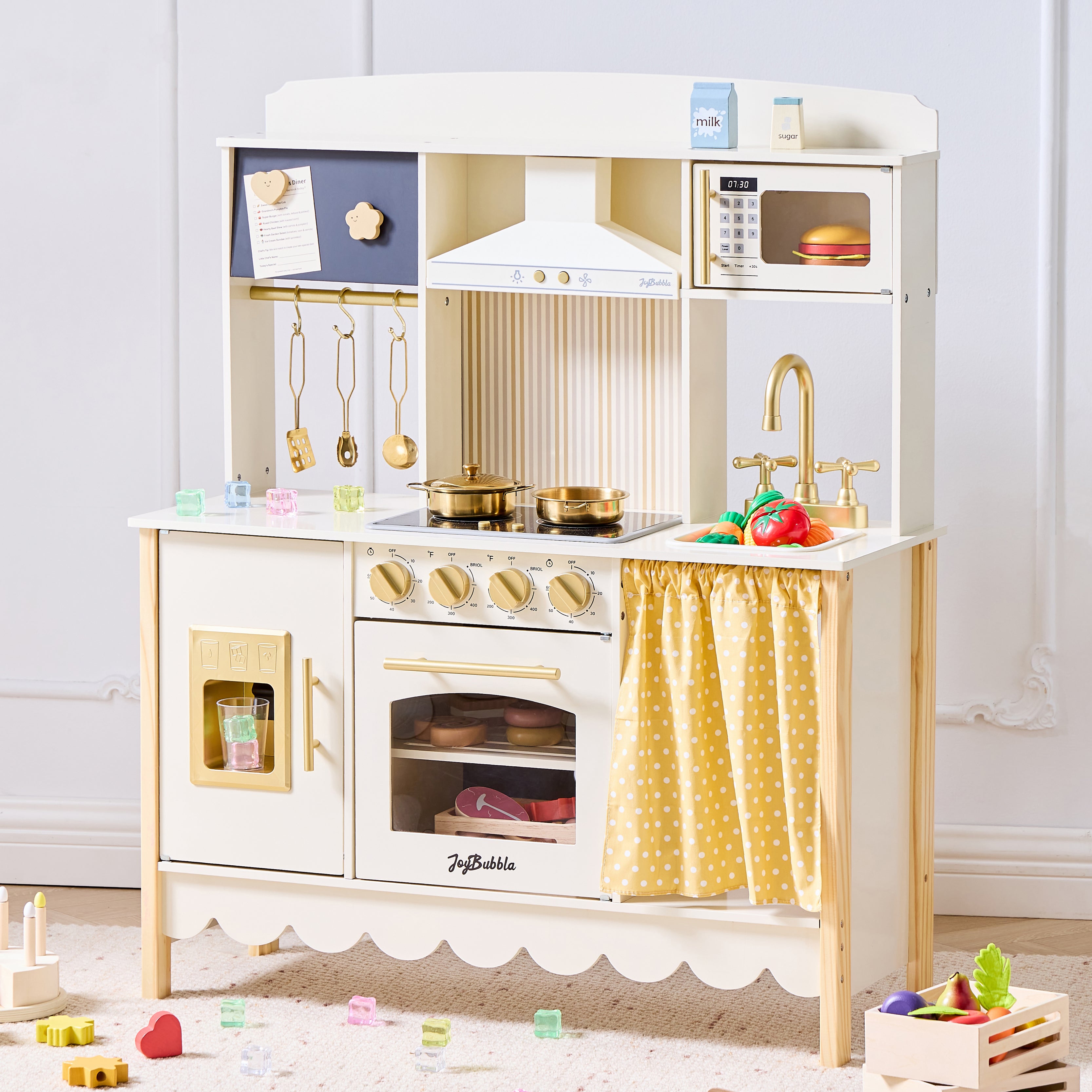 JoyBubbla Wooden Play Kitchen for Toddlers, Modern Kids Kitchen Playset with Realistic Lights & Sounds, Toy Kitchen Set with 25 Pcs Accessories, Pretend Play for Girls & Boys Ages 3+, Cream White