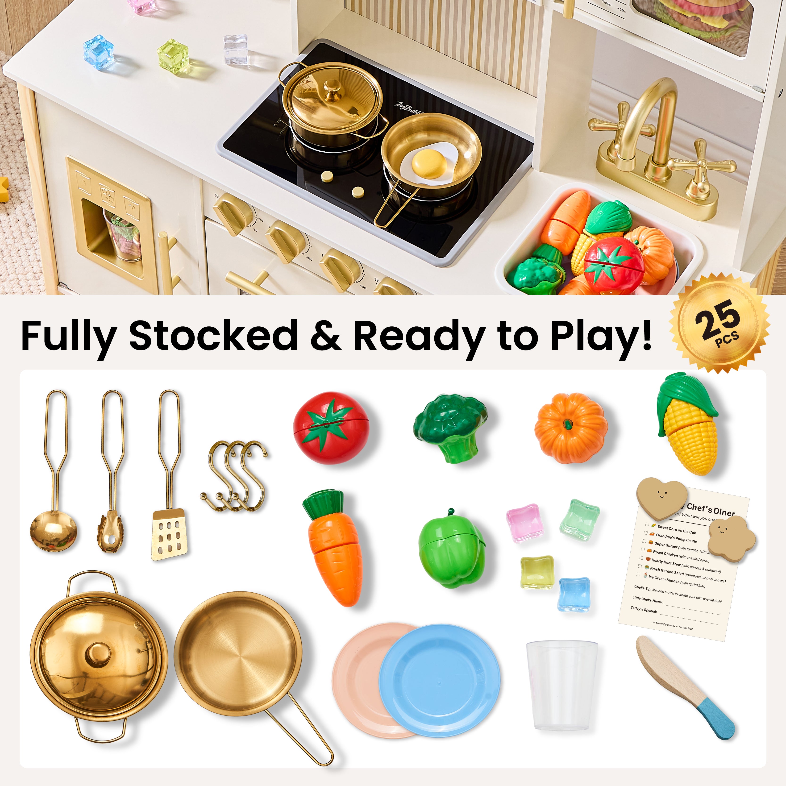 JoyBubbla Wooden Play Kitchen for Toddlers, Modern Kids Kitchen Playset with Realistic Lights & Sounds, Toy Kitchen Set with 25 Pcs Accessories, Pretend Play for Girls & Boys Ages 3+, Cream White