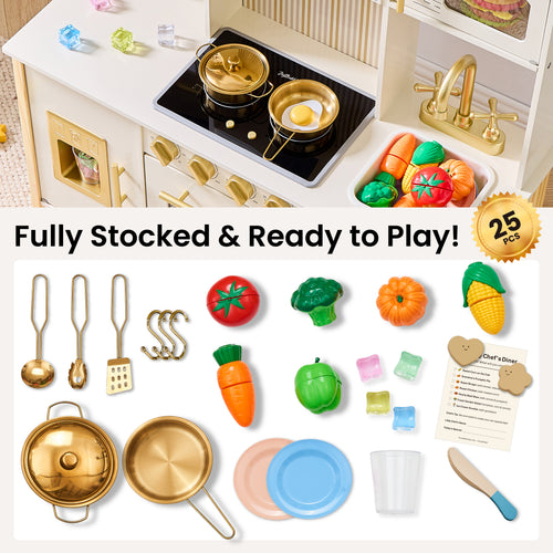 JoyBubbla Wooden Play Kitchen for Toddlers, Modern Kids Kitchen Playset with Realistic Lights & Sounds, Toy Kitchen Set with 25 Pcs Accessories, Pretend Play for Girls & Boys Ages 3+, Cream White