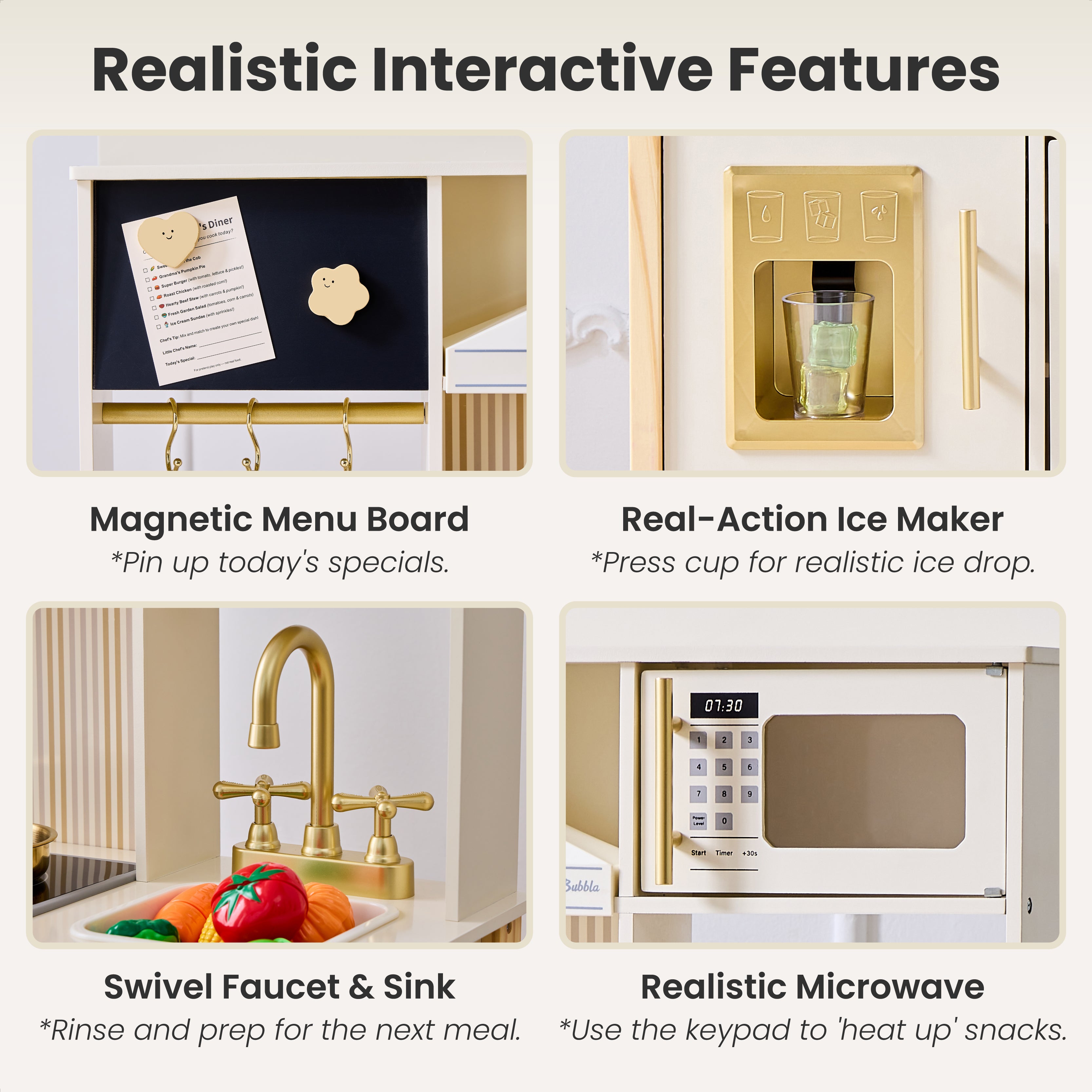 JoyBubbla Wooden Play Kitchen for Toddlers, Modern Kids Kitchen Playset with Realistic Lights & Sounds, Toy Kitchen Set with 25 Pcs Accessories, Pretend Play for Girls & Boys Ages 3+, Cream White
