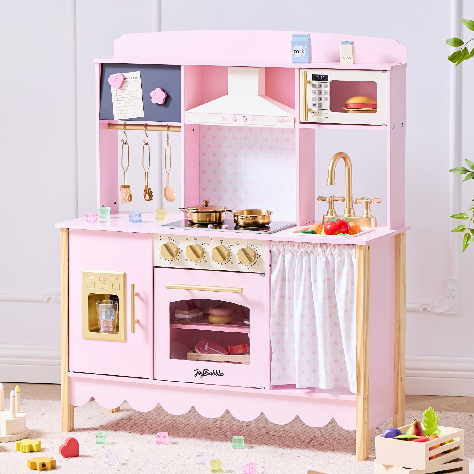 JoyBubbla Wooden Play Kitchen for Toddlers, Modern Kids Kitchen Playset with Realistic Lights & Sounds, Toy Kitchen Set with 25 Pcs Accessories, Pretend Play for Girls & Boys Ages 3+, Pink