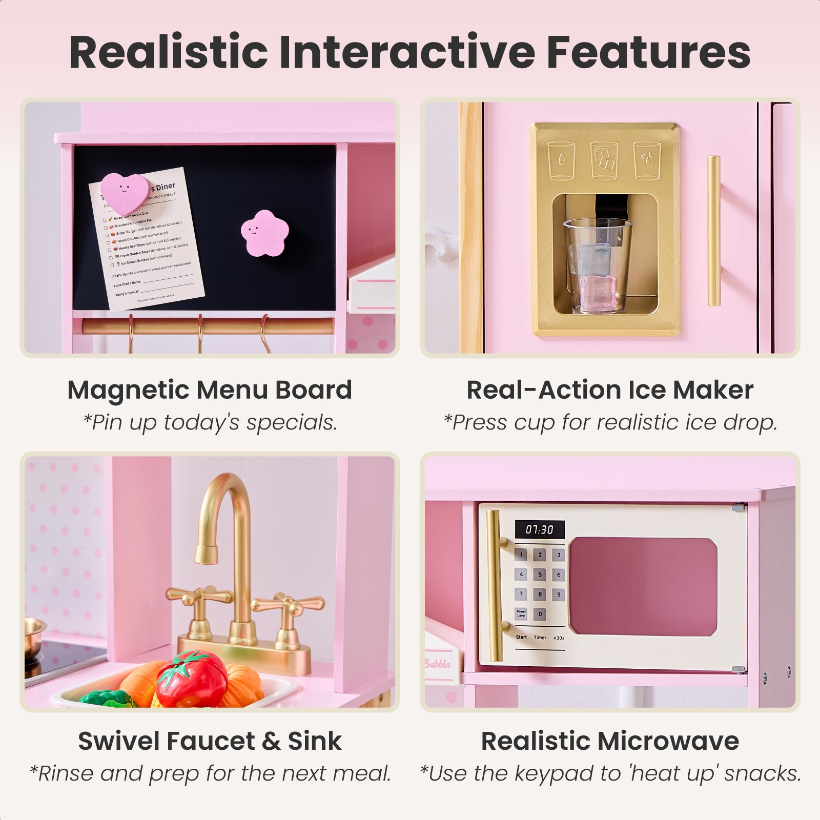 JoyBubbla Wooden Play Kitchen for Toddlers, Modern Kids Kitchen Playset with Realistic Lights & Sounds, Toy Kitchen Set with 25 Pcs Accessories, Pretend Play for Girls & Boys Ages 3+, Pink