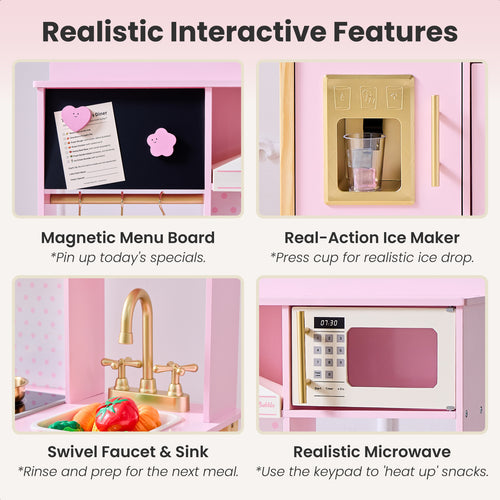 JoyBubbla Wooden Play Kitchen for Toddlers, Modern Kids Kitchen Playset with Realistic Lights & Sounds, Toy Kitchen Set with 25 Pcs Accessories, Pretend Play for Girls & Boys Ages 3+, Pink