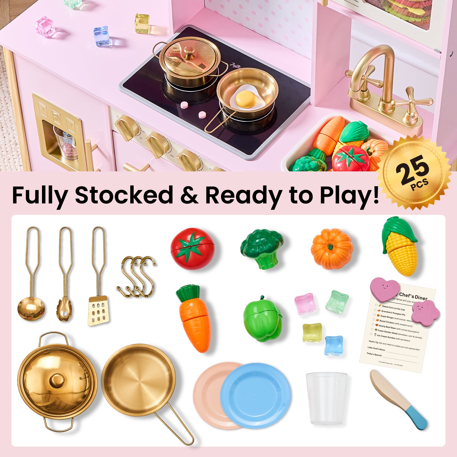 JoyBubbla Wooden Play Kitchen for Toddlers, Modern Kids Kitchen Playset with Realistic Lights & Sounds, Toy Kitchen Set with 25 Pcs Accessories, Pretend Play for Girls & Boys Ages 3+, Pink